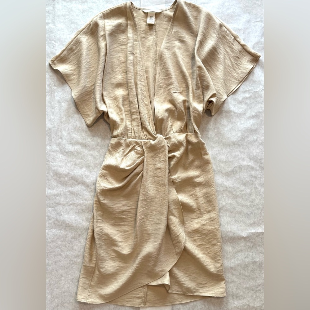 H&M tan deep v neck faux wrap mini dress